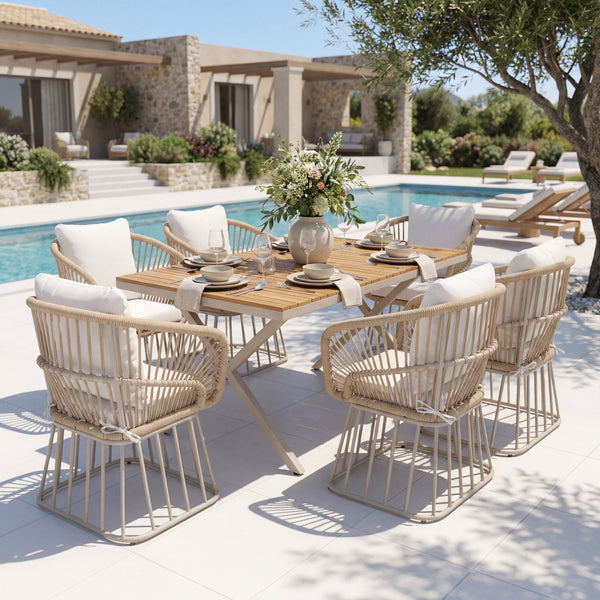 English Elm Outdoor Teak and Wicker Seven Piece Patio Dining Set with Cushioned Armchairs N770PS726B27B