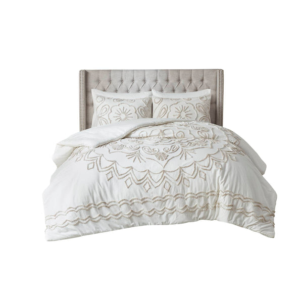 JLA Home Madison Park - 3 Violette Tufted Cotton Chenille Comforter Set with Oversized Medallion, Breathable OEKO-TEX Certified Elegance 92 L x 104 W x 1.5H MP10-7141