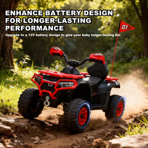 English Elm 24v Ride on Atv for Kids with Dual Motors Led Lights Bluetooth and Rugged Wide Wheelbase Red W3822P390488