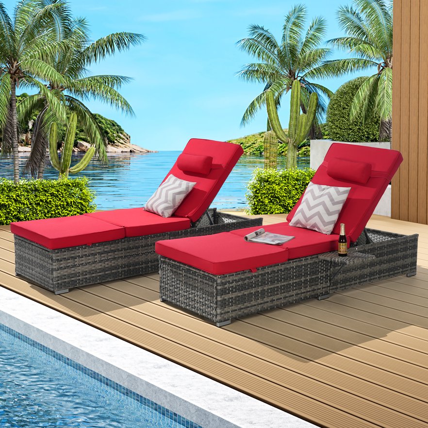 English Elm Outdoor Chaise Lounge Set Of 2 - Adjustable Rattan Recliners With Cushions For Poolside Relaxation W874P266309