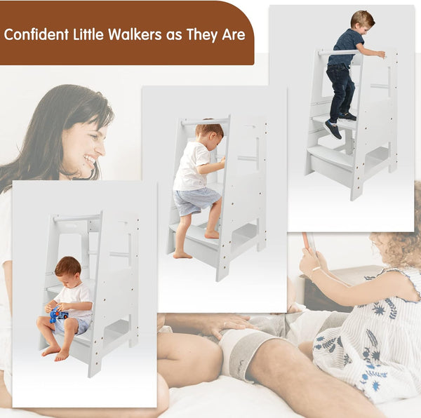 English Elm Toddler Adjustable Learning Tower with 4-Sided Safety Rail, 3 Heights, Anti-Slip Stable Step Stool White W2701P207516