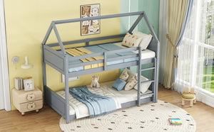English Elm Twin House-Style Floor Bunk Bed With Safety Guardrails, Durable Rubberwood, And Fun Grey Finish W504P314947-GIGA