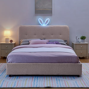 English Elm Queen Boucle Upholstered Kids Bed with Rabbit Ear Headboard Led Lighting Storage Drawers Pink W1413P384926