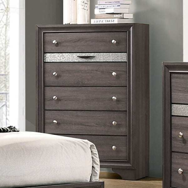 English Elm Gray Finish Contemporary Chest with Hidden Jewelry Drawer, Silver Knobs, Gleaming Bedroom Accent B2741P375930