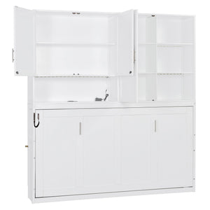 English Elm Twin Murphy Bed with Cabinet Shelves Built in Lighting Usb Ports Space Saving Wall Unit White LP000389AAK-1