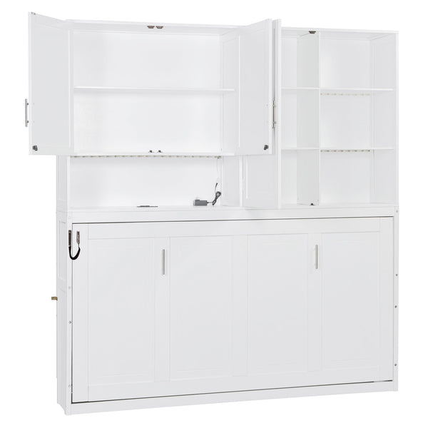 English Elm Twin Murphy Bed with Cabinet Shelves Built in Lighting Usb Ports Space Saving Wall Unit White LP000389AAK-1