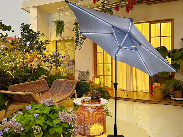 English Elm 9ft Solar Led Patio Umbrella Coastal Stripe Canopy with Uv Protection Crank Tilt Blue Striped W656P403814