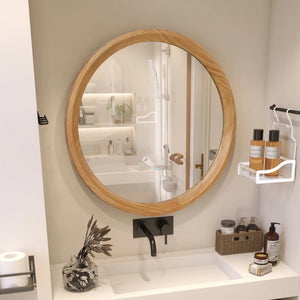 English Elm Natural Oak Round Wall Mirror Solid Wood Frame Minimalist Accent for Any Room W2295P414107