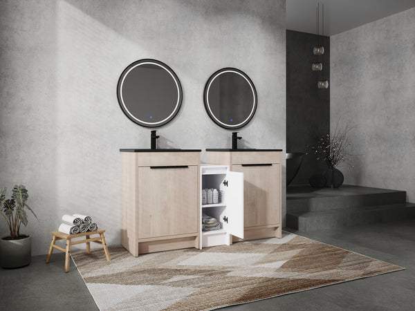 English Elm 60 Inch Freestanding Bathroom Vanity With Black Ceramic Sink, Soft-Close Doors & Storage Solutions W999S00317