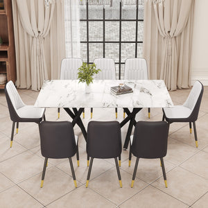 English Elm 1 Table and 8 Chairs. A Rectangular Dining Table With A White Imitation Marble Tabletop and Black Metal Legs. Paired With 8 Chairs, Equipped With Pu Leather Seat Cushions and Black Metal Legs. F-1538