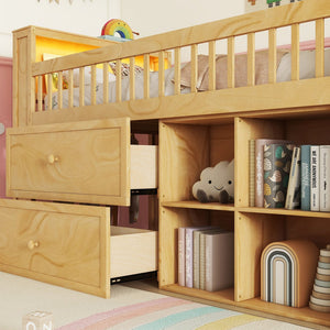 English Elm Twin Loft Bed with Built-In Stairs, Shelves, Hanging Rod & 2 Drawers for Space-Saving Kids Room Natural 45.87 L x 18.5 W x 10.83 H W2593S00005