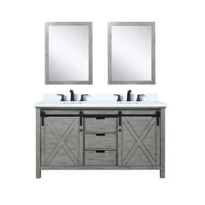 English Elm Ash Grey Double Bath Vanity With White Quartz Top, Matte Black Faucet, & 24" Mirrors - Stylish Storage B2731S01072