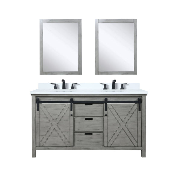English Elm Ash Grey Double Bath Vanity With White Quartz Top, Matte Black Faucet, & 24" Mirrors - Stylish Storage B2731S01072