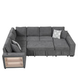 English Elm 109" U-Shaped Sectional Sofa Pull-Out Sofa Bed With Two Usb Ports, A Storage Chaise Lounge and Four Back Pillows For Living Room, Grey