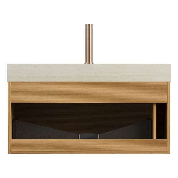 English Elm NYAH Floating 36" Bathroom Vanity with Sintered Stone Top, Ceramic Undermount Basin, LED Sensor Lighting and Soft-Close Drawer System Beige,Light Oak W2615S00369
