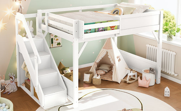 English Elm Twin Low Loft Bed Solid Pine Frame Kids Study Desk Blackboard Storage White Light White W1580S00468