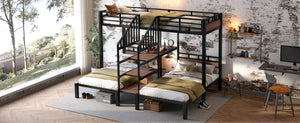 English Elm Twin Triple Bunk Bed Black Metal Frame with Built-in Storage Stairs and Shelves W1580S00619