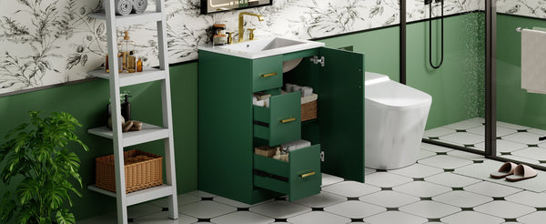 English Elm 24" Modern Bathroom Vanity with Under-Mount Sink, Vertical Stripe Design, 2 Drawers & Soft-Close Cabinet Green N710P288936F