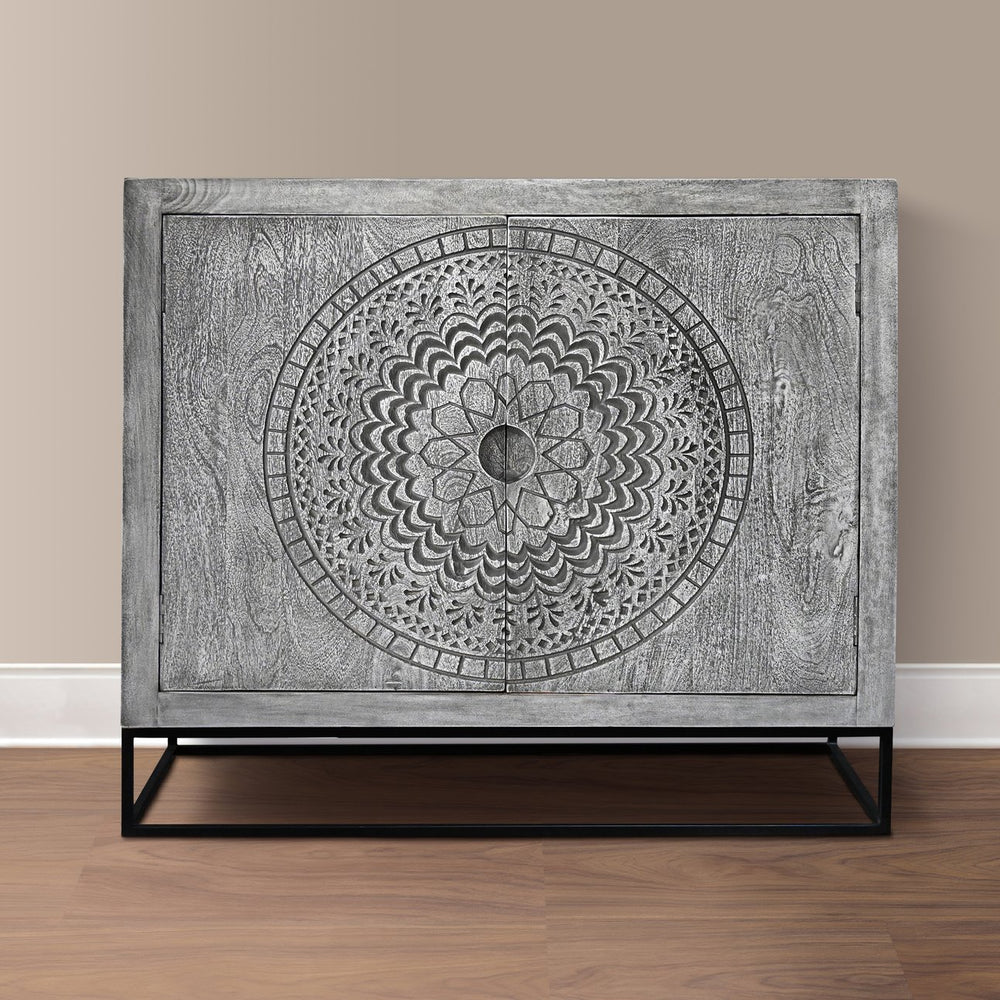 English Elm Zera Handcrafted 39" Accent Cabinet – Sandblasted Gray Mango Wood, Medallion Doors, Iron Stand B056P390833