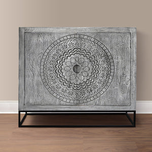 English Elm Zera Handcrafted 39" Accent Cabinet – Sandblasted Gray Mango Wood, Medallion Doors, Iron Stand B056P390833