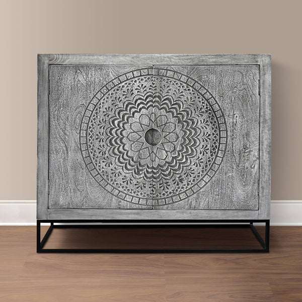 English Elm Zera Handcrafted 39" Accent Cabinet – Sandblasted Gray Mango Wood, Medallion Doors, Iron Stand B056P390833