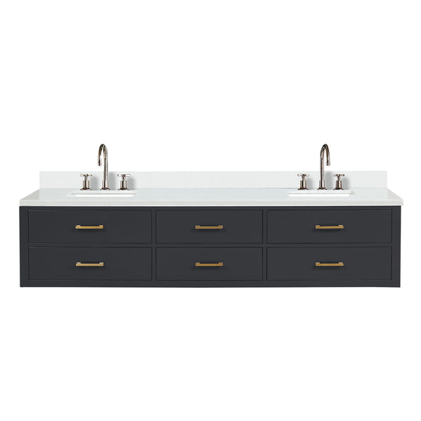 English Elm Black Double Bath Vanity With White Quartz Top, Chrome Faucets & Soft-Close Drawers - 84" W B2731P258143