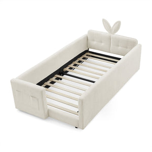 English Elm Twin Boucle Upholstered Kids Bed Whimsical Rabbit Ear Headboard with Safety Rail Beige W1413P407485