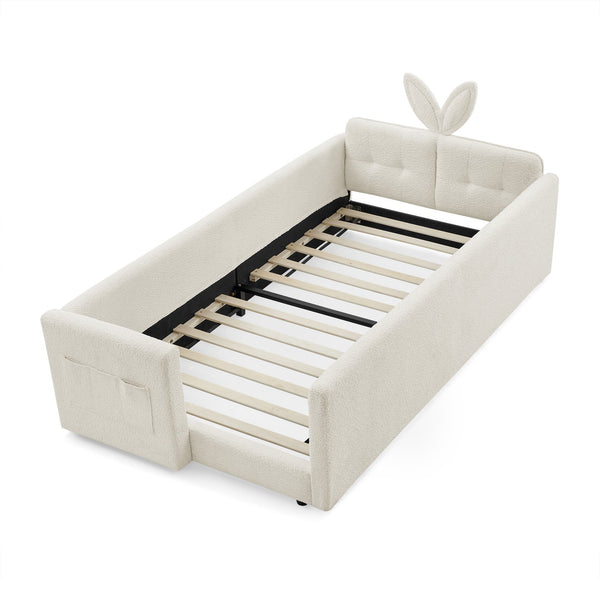 English Elm Twin Boucle Upholstered Kids Bed Whimsical Rabbit Ear Headboard with Safety Rail Beige W1413P407485