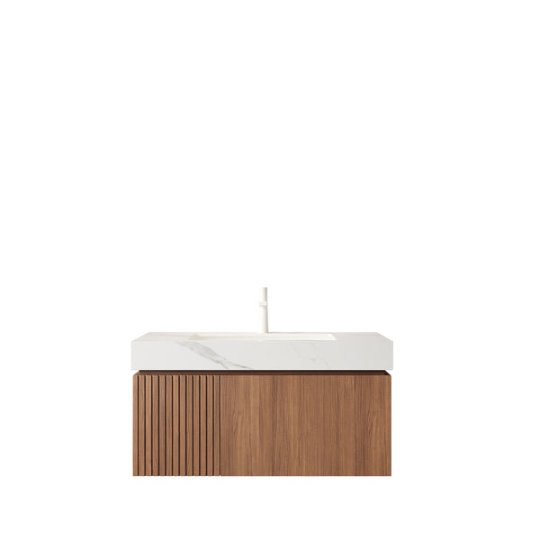 English Elm Muri Floating Bathroom Vanity Sintered Stone Top Oak Plywood Cabinet Soft Close W2615S00620