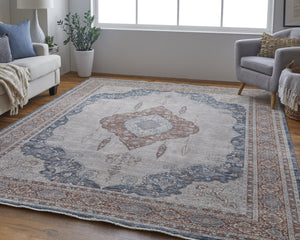 Feizy Rugs Marquette Medallion Rug – Elegant Power-loomed Design, Stain-resistant, Easy Care For High Traffic Areas Gray,Red,Blue Polyester,Acrylic Mrq39grfgrymltj00