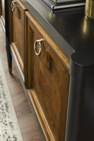 Pulaski Furniture 4-door Mid-century Modern Console With Elegant Mapa Burl Doors, Versatile Storage & Stylish Design Black Mapa Burl P301794-pulaski