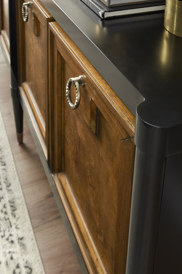 Pulaski Furniture 4-door Mid-century Modern Console With Elegant Mapa Burl Doors, Versatile Storage & Stylish Design Black Mapa Burl P301794-pulaski