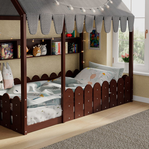 English Elm {slats Are Not Included} Twin Montessori House Floor Bed Kids Tent Lights Shelves Pinewood Frame Espresso N708P407963P