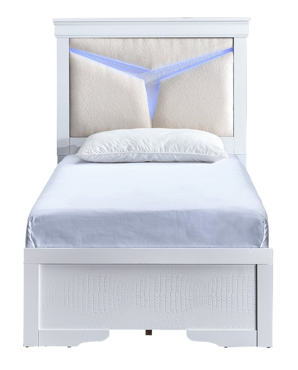English Elm Lorana Plush Teddy Upholstered Twin Bed with Built-in Led Headboard for Kids Rooms White B078S00667