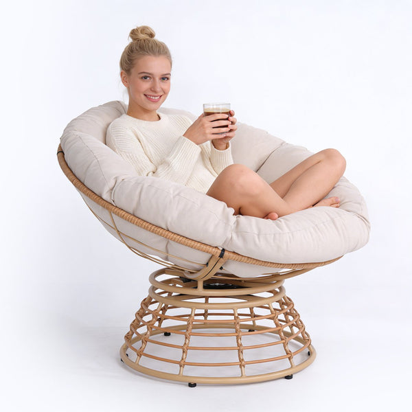 English Elm Oversized Papasan Swivel Chair Woven Resin Wicker Bowl Seat with Plush Foam Cushion Yellow+Grey T5880P492323