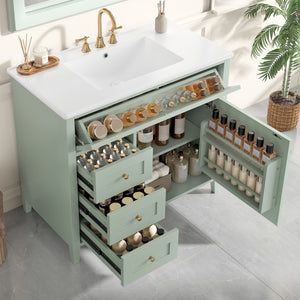 English Elm 36-Inch Green Bathroom Vanity With Sink - Modern Mdf & Rubberwood Freestanding Storage Solution N725P350821F