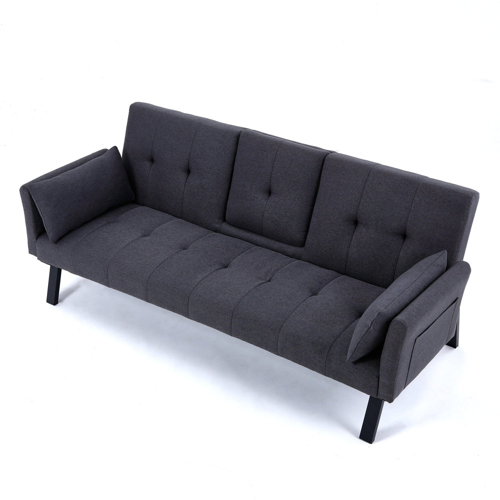 English Elm 70-inch Foldable Cotton Linen Sofa Bed with Cup Holder & Side Storage, Space-Saving 2-Seater Design DARK GREY W3371P337199