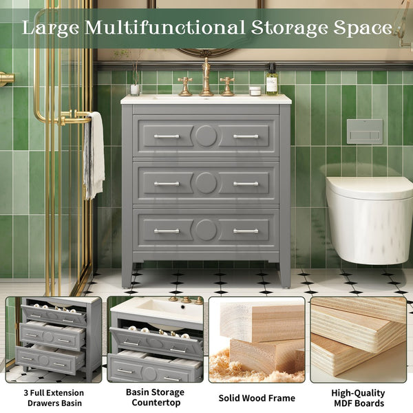 English Elm 30'' Bathroom Vanity with Ceramic Sink, Solid Wood Frame Retro Style Vanity with 3 Drawers & Gold Handles Gray N710P246209E