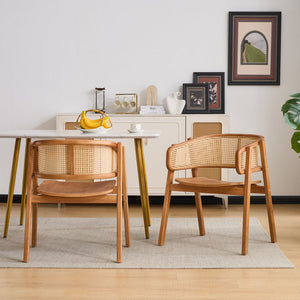 English Elm Rattan Mesh Back Rubberwood Arm Dining Chairs Bohemian Coastal Natural Set of 2 N772P415449N
