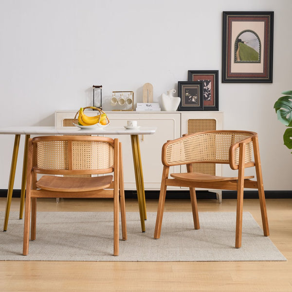 English Elm Rattan Mesh Back Rubberwood Arm Dining Chairs Bohemian Coastal Natural Set of 2 N772P415449N