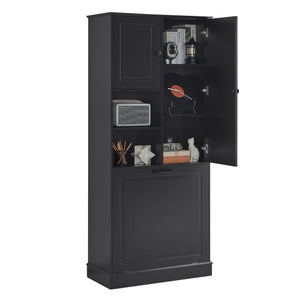 English Elm Tall Storage Cabinet with Flip-Out Basket, Adjustable Shelves & Aluminum Handles for Organized Living Black N725P322739B