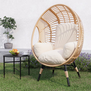 English Elm New PE Wicker Egg Chair with Ergonomic High-Front Low-Back Design, Weather-Resistant Rattan & Plush Cushion Comfort Natural W400P241059