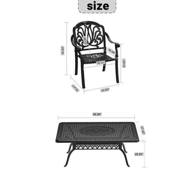 English Elm 7-Piece Cast Aluminum Patio Furniture Set With Black Frame & Brown Cushions For Stylish Outdoor Dining W1710S00494