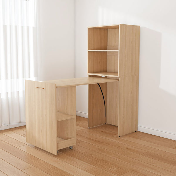 English Elm Stretchable expandable office desk with magnetic fold, lockable casters, adjustable shelves for storage and space-saving Natural Wood W509P355681