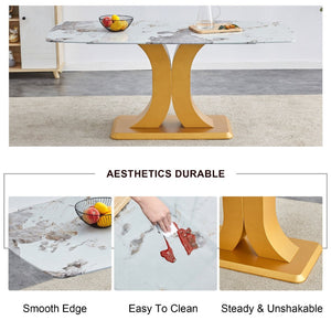 English Elm Table Set With Luxurious Pandora Glass Top & Gold C-Shaped Legs, 8 Ergonomic Pu Chairs Included W1151S03247-GIGA