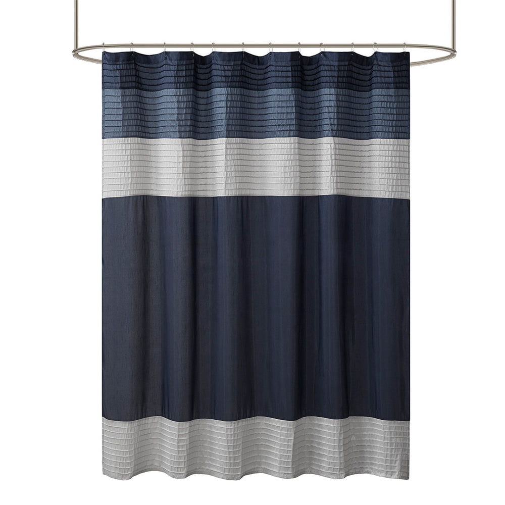 JLA Home Madison Park - Faux Silk Dupioni Shower Curtain with Pintuck Color‑Block Panels, Lightweight Drape, Machine Washable Navy MP70-2206