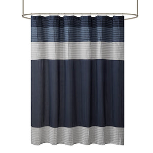 JLA Home Madison Park - Faux Silk Dupioni Shower Curtain with Pintuck Color‑Block Panels, Lightweight Drape, Machine Washable Navy MP70-2206