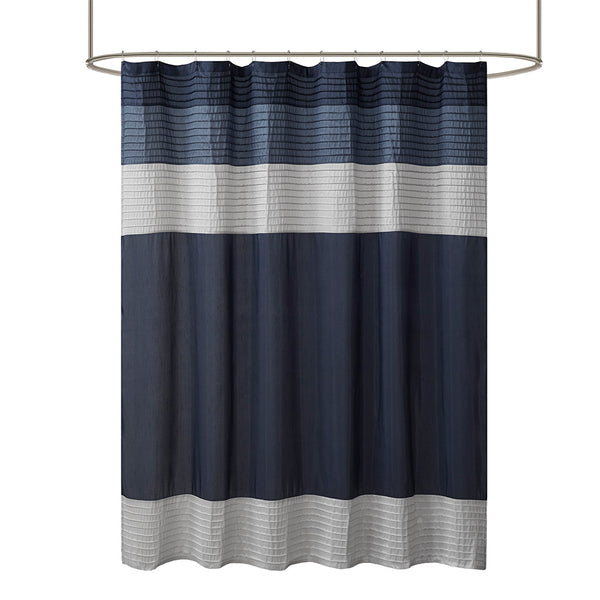 JLA Home Madison Park - Faux Silk Dupioni Shower Curtain with Pintuck Color‑Block Panels, Lightweight Drape, Machine Washable Navy MP70-2206