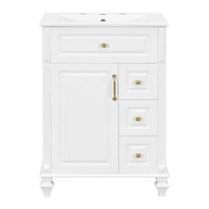 English Elm 24 Inch Freestanding Bathroom Vanity Solid Rubberwood Ceramic Sink Matte Finish Storage White N725P375626K