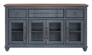 English Elm Americana Distressed Blue Buffet Cabinet with Glass Doors and Antique Pewter Hardware B108P411433